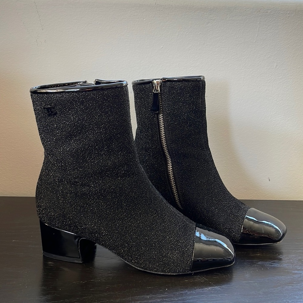 Chanel Black Milky Way Patent Cap Toe Ankle Boots size 37